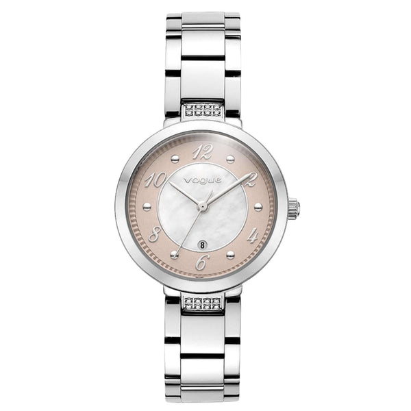 Γυναικείο ρολόι Vogue Zoe 2020616482 με ασημί ατσάλινο μπρασελέ, δίχρωμο καντράν 31mm σε λευκό φίλντισι με ροζ χρυσό τόνο και πέτρες στην ένωση της κάσας.
