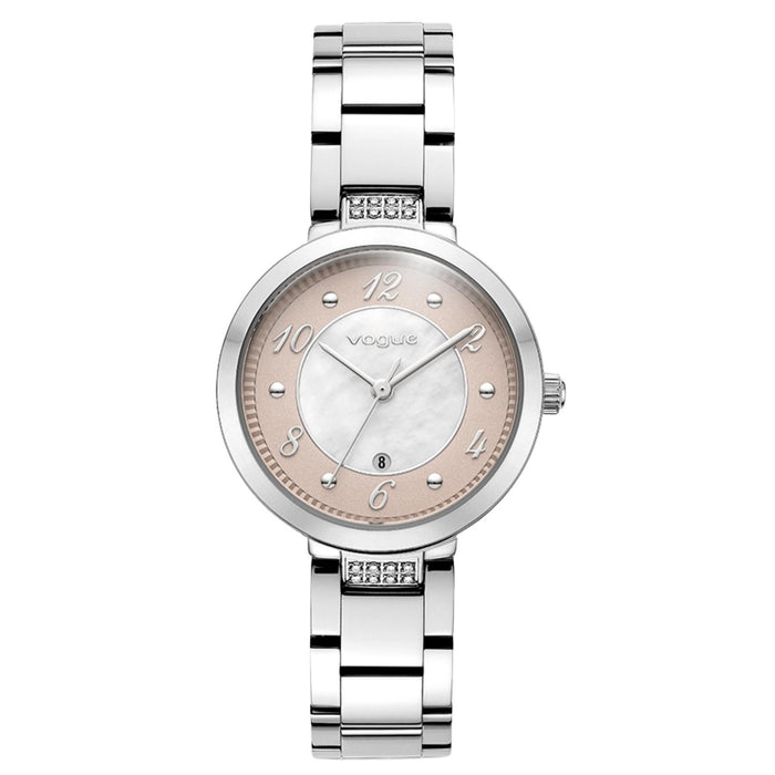 Γυναικείο ρολόι Vogue Zoe 2020616482 με ασημί ατσάλινο μπρασελέ, δίχρωμο καντράν 31mm σε λευκό φίλντισι με ροζ χρυσό τόνο και πέτρες στην ένωση της κάσας.