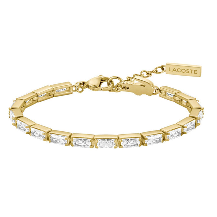 Γυναικείο βραχιόλι Lacoste Duchess 2040499 από ανοξείδωτο ατσάλι σε χρυσό χρώμα, διακοσμημένο με λαμπερά ζιργκόν και ρυθμιζόμενο μήκος 16.5–19 cm