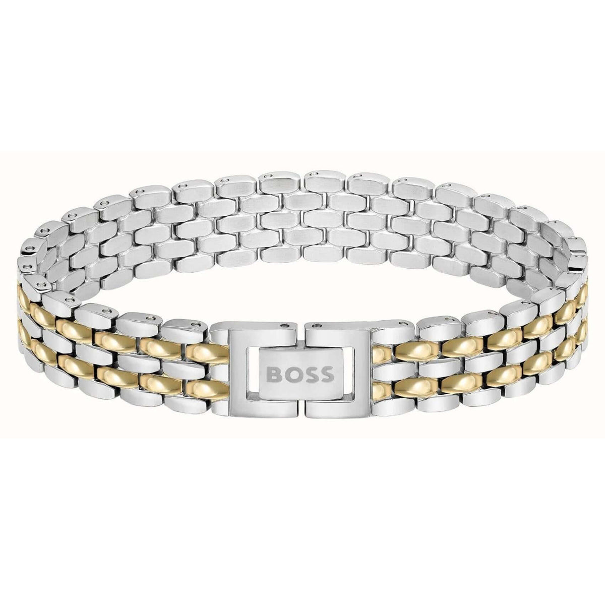 Γυναικείο ατσάλινο βραχιόλι Boss 1580517 δίχρωμο σε ασημί και χρυσό χρώμα σε σχέδιο μπρασελέ.