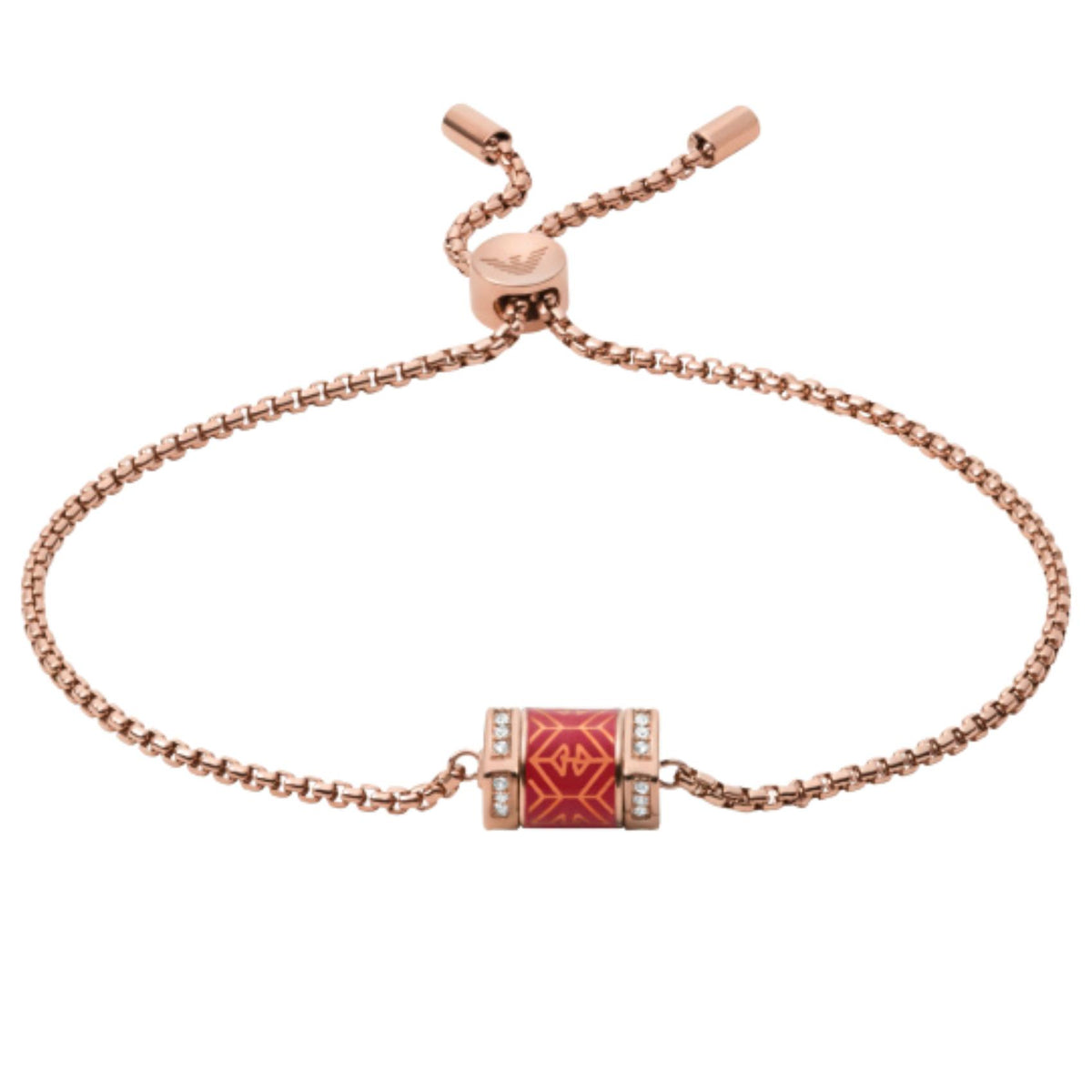 Γυναικείο βραχιόλι Emporio Armani Couples EGS2894221 από ανοξείδωτο ατσάλι σε ροζ χρυσό με κυλινδρικό στοιχείο, κόκκινο σμάλτο και κρύσταλλα