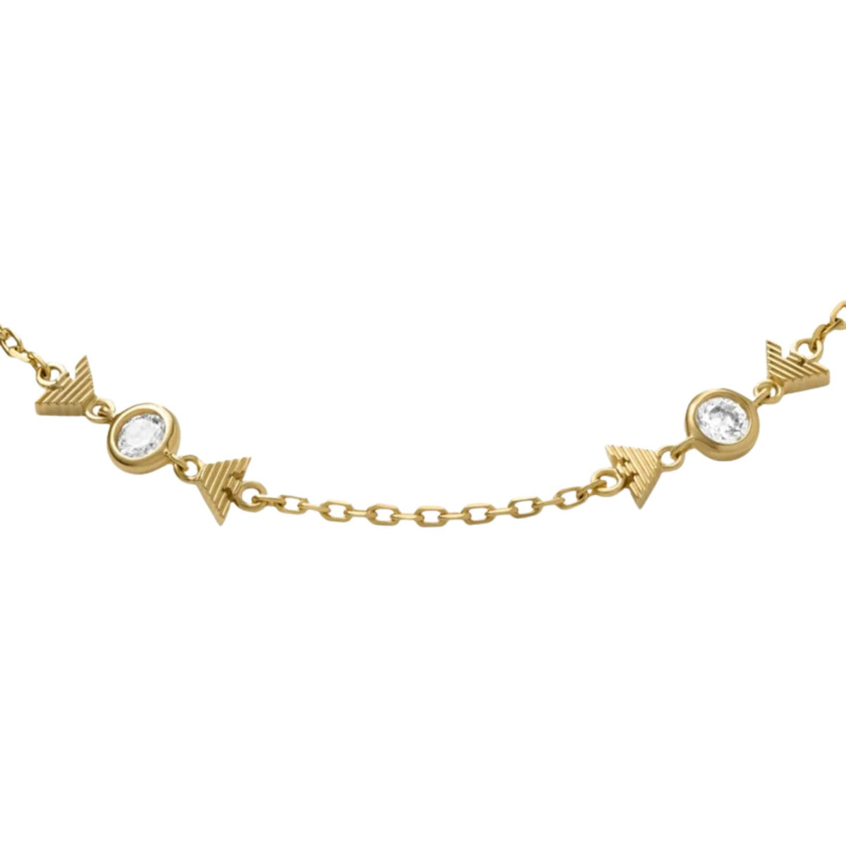 Λεπτομέρεια από το γυναικείο βραχιόλι Emporio Armani Eagle Logo EG3619710 με στοιχεία λογότυπου και ζιργκόν σε χρυσό χρώμα
