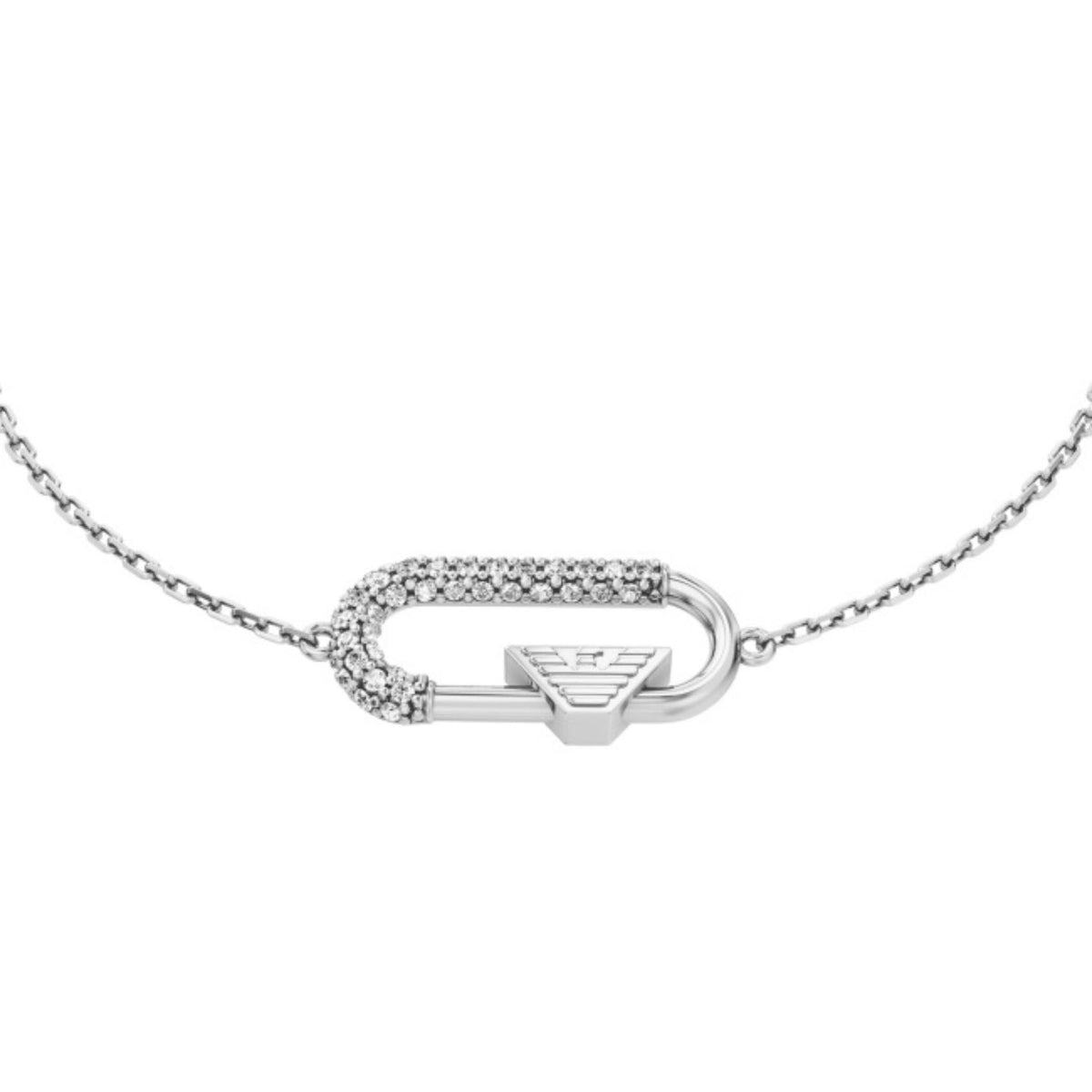 Λεπτομέρεια από το γυναικείο βραχιόλι Emporio Armani Eagle Logo EGS3402040 με μοτίφ κρίκου και ζιργκόν σε ασημί χρώμα