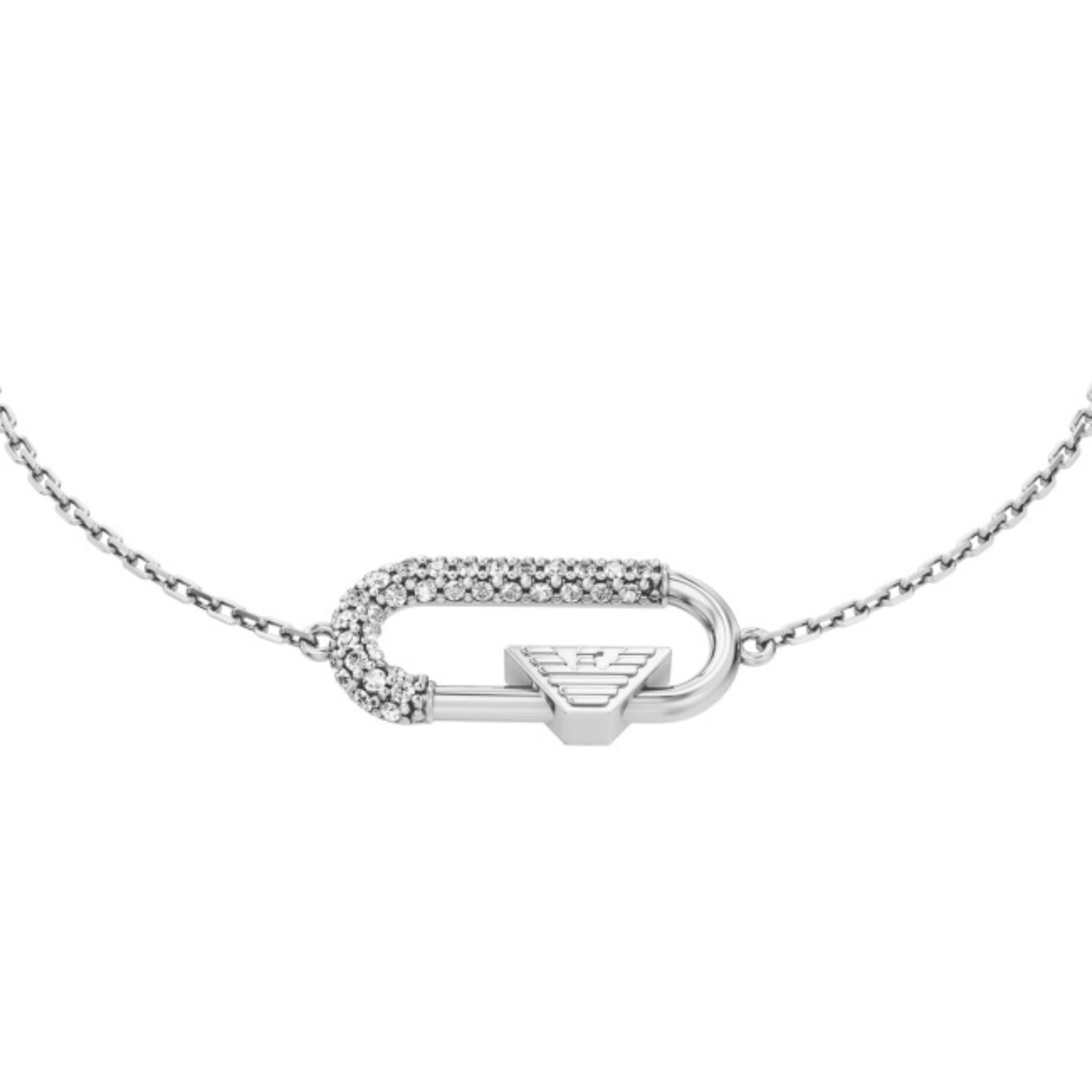 Λεπτομέρεια από το γυναικείο βραχιόλι Emporio Armani Eagle Logo EGS3402040 με μοτίφ κρίκου και ζιργκόν σε ασημί χρώμα