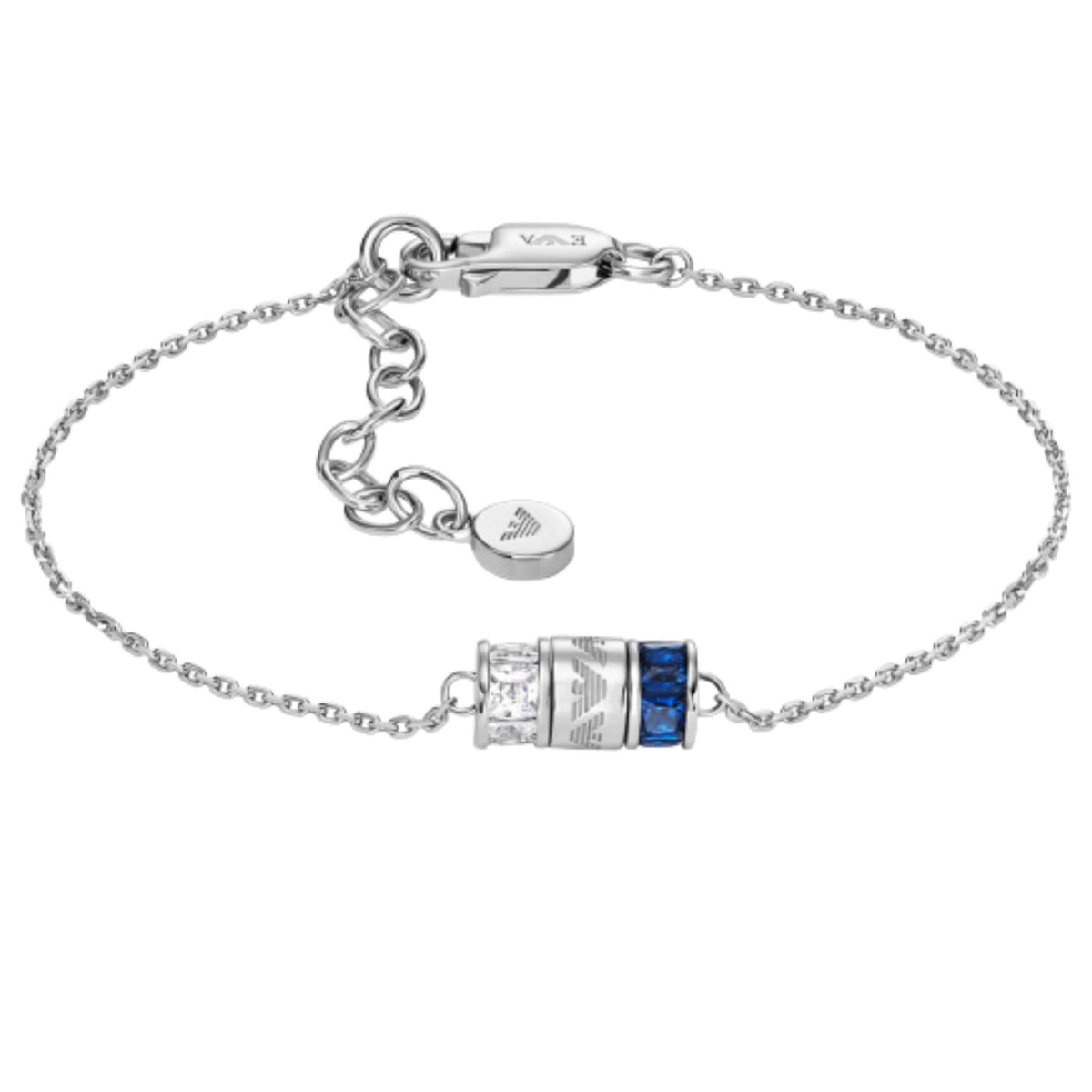 Ασημένιο γυναικείο βραχιόλι 925 Emporio Armani Essential EG3580040 με κυλινδρικό στοιχείο, μπλε πέτρα και κρύσταλλα