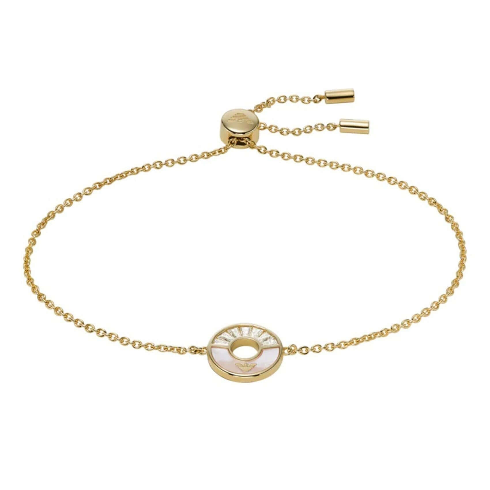 Γυναικείο βραχιόλι Emporio Armani Essentials EG3558710 από ασήμι 925 σε χρυσό χρώμα με στρογγυλό μοτίφ από φίλντισι και κρύσταλλο.