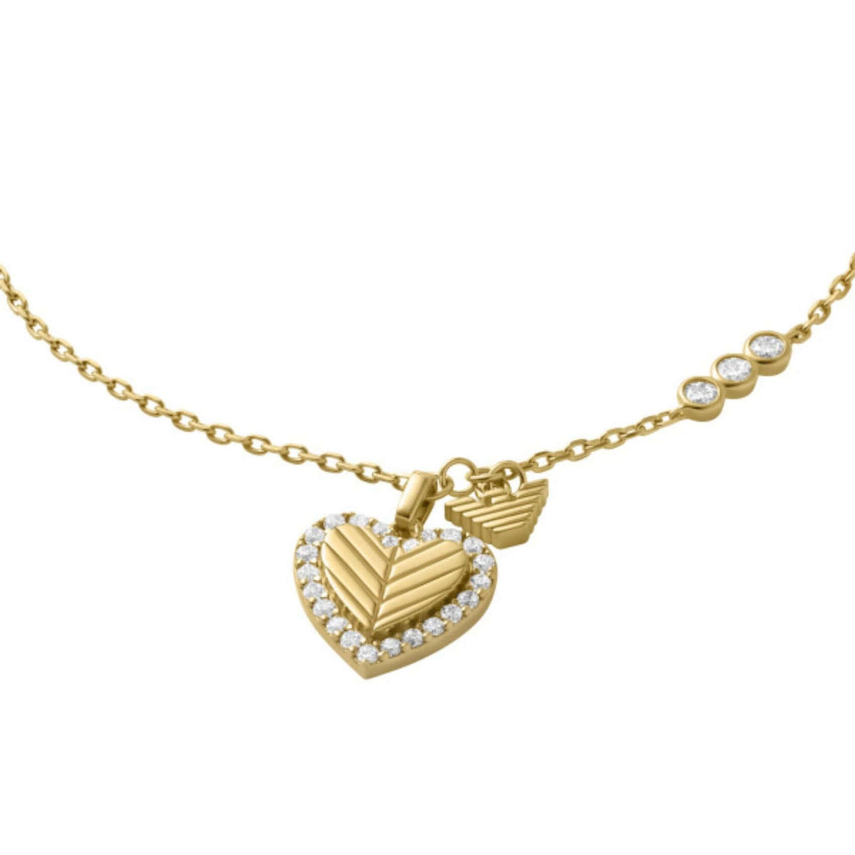 Λεπτομέρεια από το γυναικείο βραχιόλι Emporio Armani Sentimental EG3623710 με μοτίφ καρδιά και ζιργκόν σε χρυσό χρώμα.