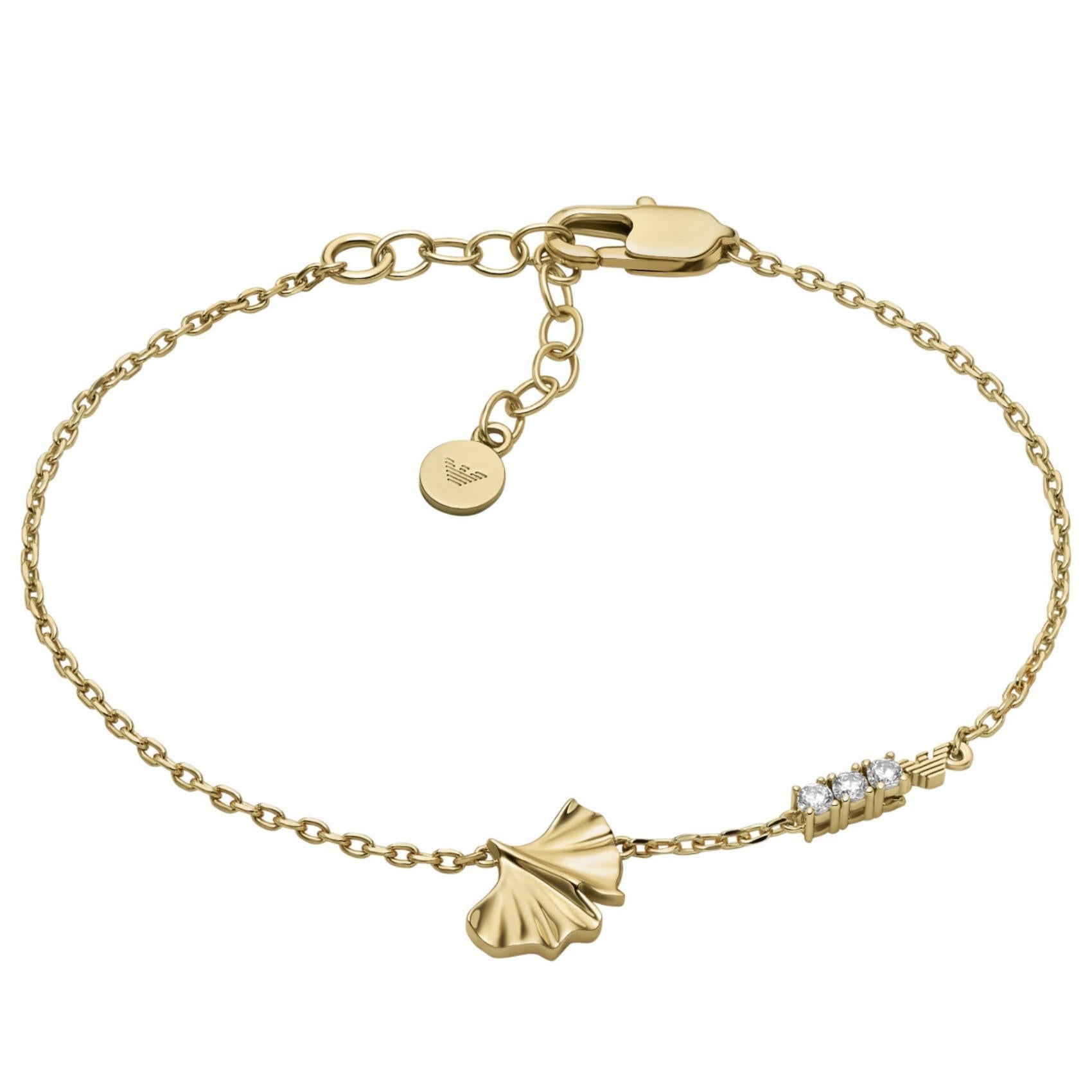 Γυναικείο βραχιόλι Emporio Armani Sentimental EGS3263710 από ορείχαλκο σε χρυσό χρώμα με μοτίφ φύλλου ginkgo και ζιργκόν