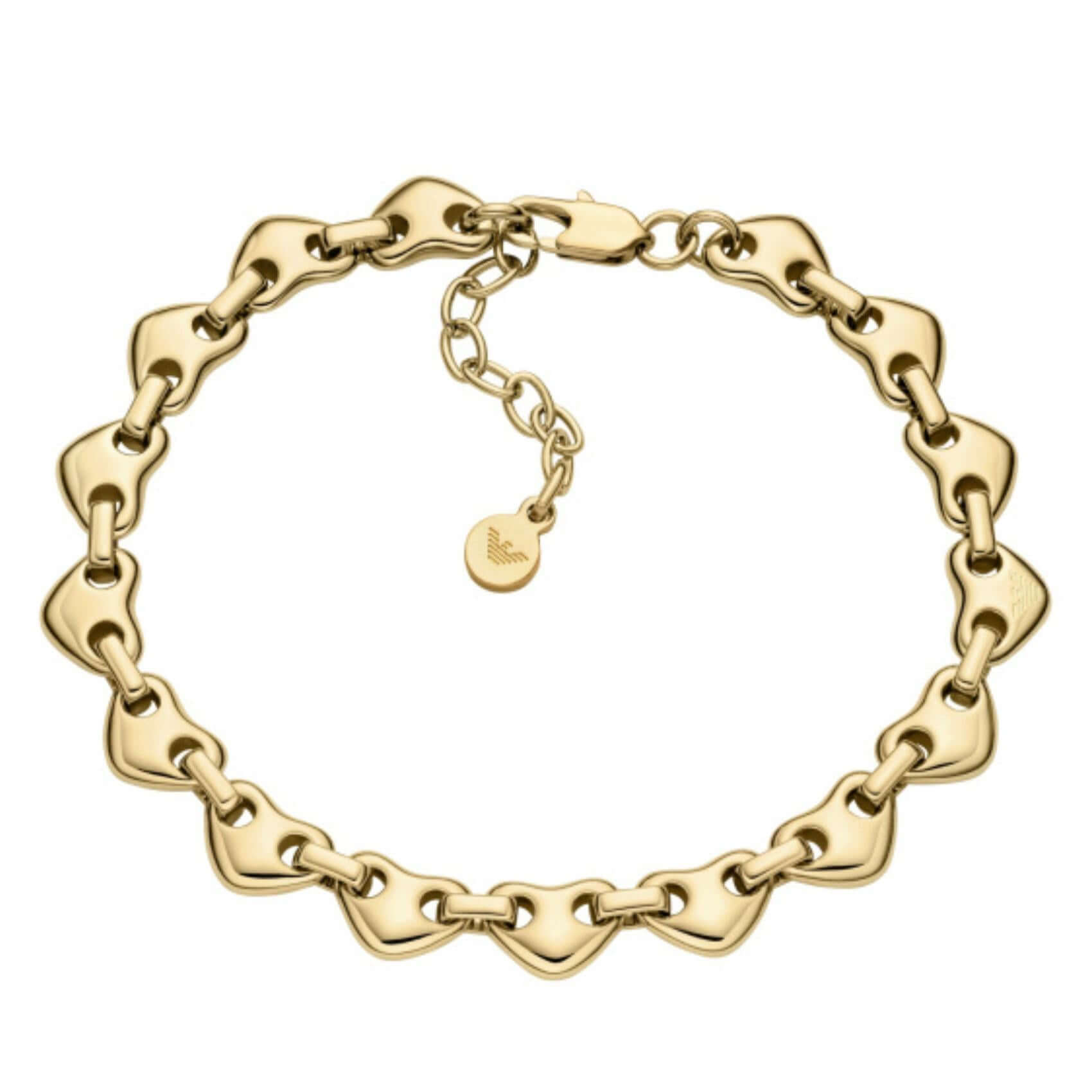 Γυναικείο βραχιόλι Emporio Armani Sentimental EGS3331710 από ορείχαλκο σε χρυσό χρώμα με αλυσίδα από ενωμένους κρίκους σε σχήμα καρδιών.