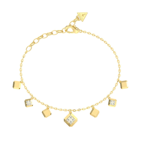 Γυναικείο βραχιόλι Guess Ace of Diamonds JUBB06179JWYGL από ανοξείδωτο ατσάλι σε χρυσό χρώμα με κρεμαστά στοιχεία με πέτρες και λογότυπο Guess.