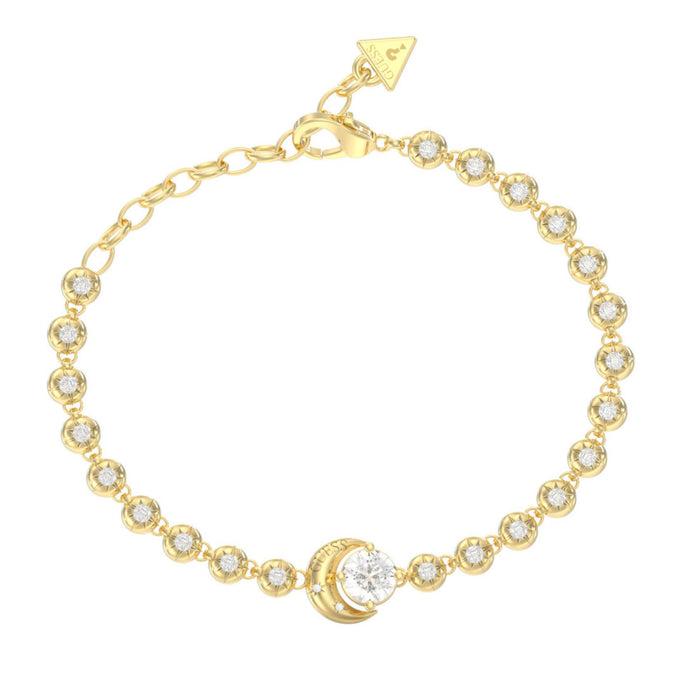 Γυναικείο βραχιόλι Guess Aurora JUBB06235JWYGL από ανοξείδωτο ατσάλι σε χρυσό χρώμα με πέτρες, κεντρικό σχέδιο με πέτρα και λογότυπο Guess.