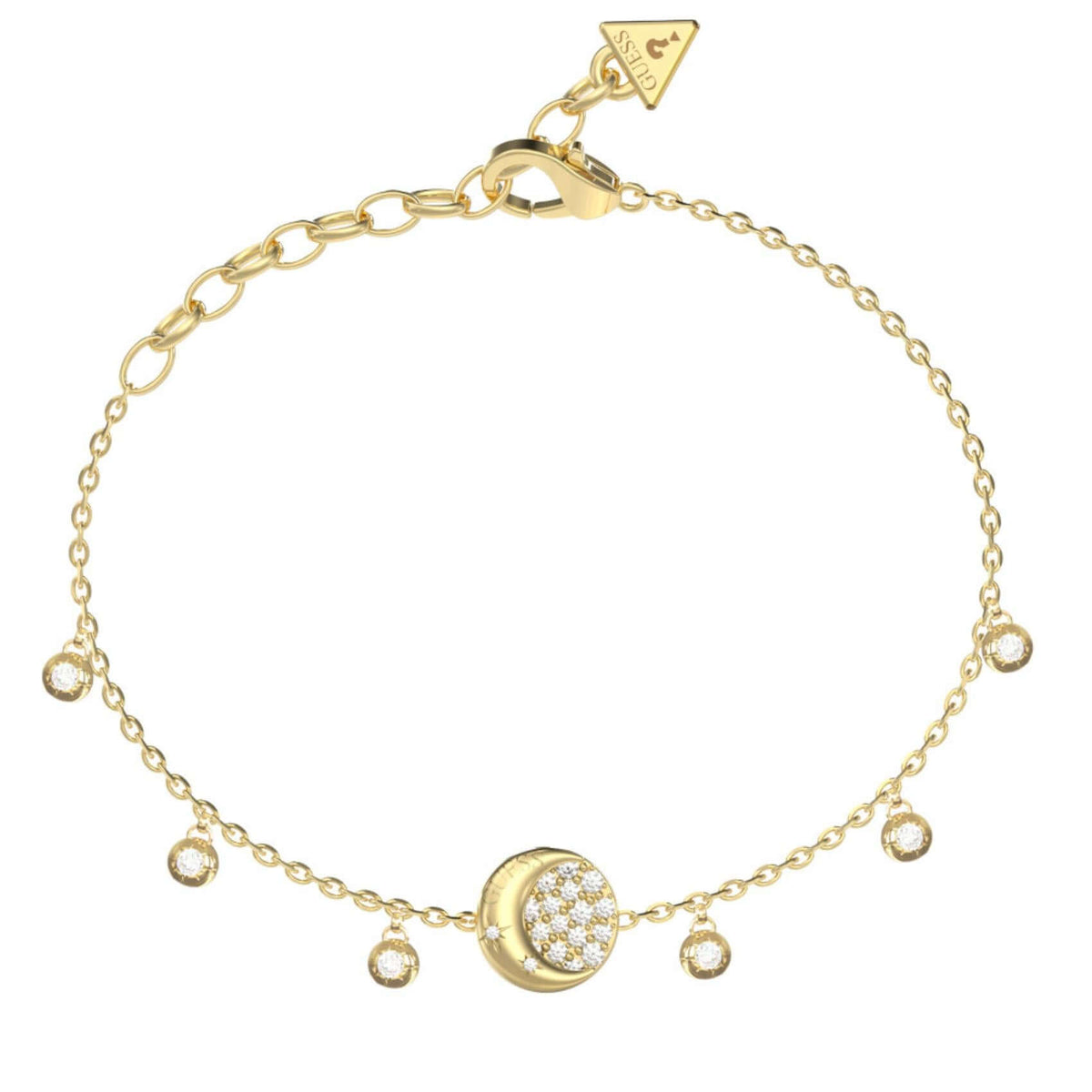 Γυναικείο βραχιόλι Guess Aurora JUBB06239JWYGL από ανοξείδωτο ατσάλι σε χρυσό χρώμα με κρεμαστά στοιχεία και ζιργκόν.