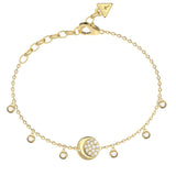 Γυναικείο βραχιόλι Guess Aurora JUBB06239JWYGL από ανοξείδωτο ατσάλι σε χρυσό χρώμα με κρεμαστά στοιχεία και ζιργκόν.