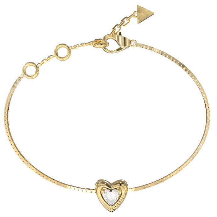 Γυναικείο βραχιόλι GUESS Beloved JUBB06017JWYGL από ανοξείδωτο ατσάλι σε χρυσό χρώμα με σχέδιο καρδιάς, πέτρα και λογότυπο Guess.