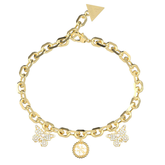Γυναικείο βραχιόλι Guess Borboleta JUBB06130JWYGL από ανοξείδωτο ατσάλι σε χρυσό χρώμα με πεταλούδες, άσπρες πέτρες και λογότυπο Guess.