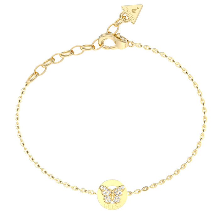 Γυναικείο βραχιόλι Guess Borboleta JUBB06135JWYGL από ανοξείδωτο ατσάλι σε χρυσό χρώμα με πεταλούδα και ζιργκόν.