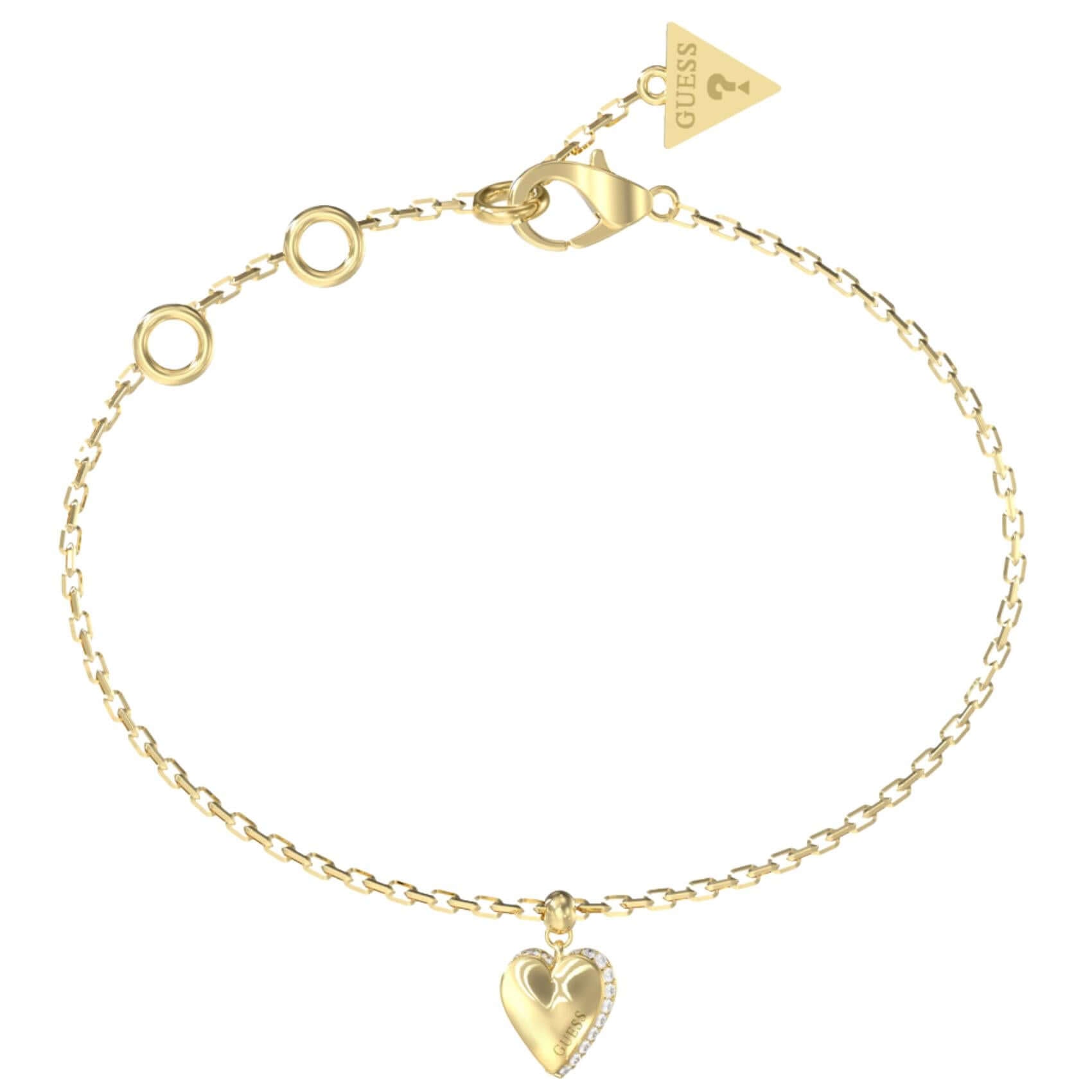 Γυναικείο βραχιόλι Guess By Your Side JUBB06082JWYGL από ανοξείδωτο ατσάλι σε χρυσό χρώμα με καρδιά με πέτρες και λογότυπο Guess.