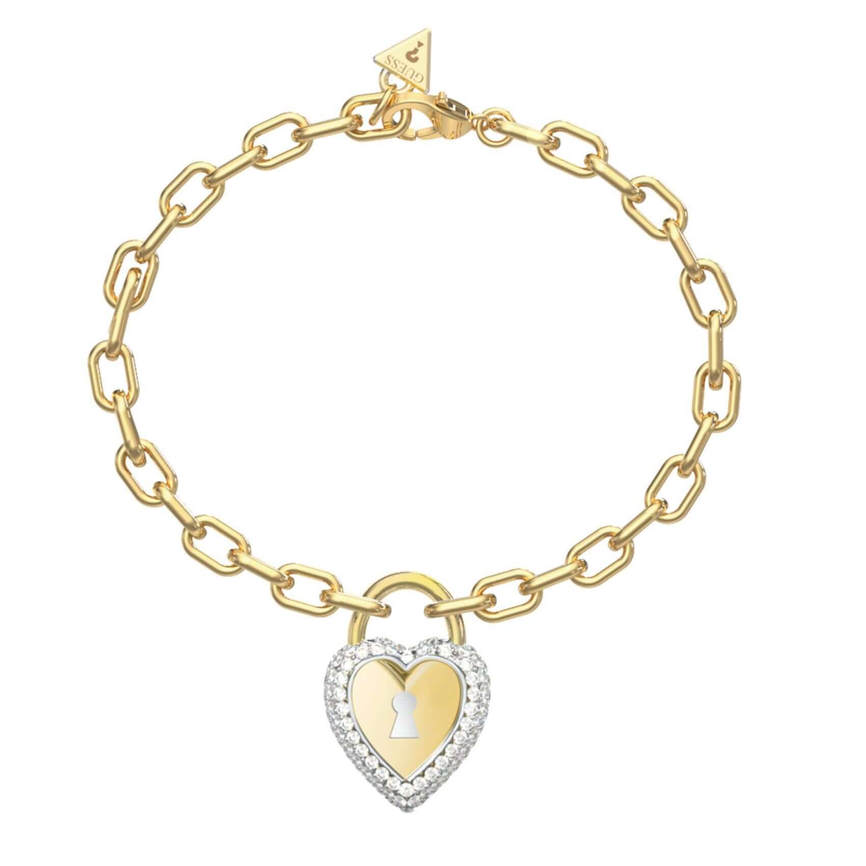 Γυναικείο βραχιόλι GUESS Love Bites JUBB06061JWYGRHL σε χρυσό χρώμα με δίχρωμη καρδιά λουκετάκι και λογότυπο Guess.