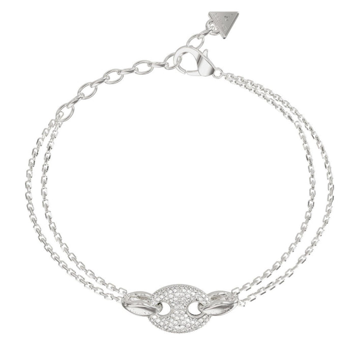Γυναικείο βραχιόλι Guess Marina JUBB06222JWRHL από ανοξείδωτο ατσάλι σε ασημί χρώμα με διπλή αλυσίδα και ζιργκόν.