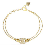Γυναικείο βραχιόλι Guess Marina JUBB06222JWYGL από ανοξείδωτο ατσάλι σε χρυσό χρώμα με διπλή αλυσίδα και zircon.