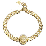 Γυναικείο βραχιόλι Guess Queen JUBB06190JWYGL από ανοξείδωτο ατσάλι σε χρυσό χρώμα με σχέδιο λιοντάρι και zircon.