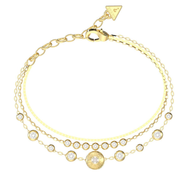 Γυναικείο βραχιόλι Guess Sparks JUBB06279JWYGL από ανοξείδωτο ατσάλι σε χρυσό χρώμα με τριπλή αλυσίδα και ζιργκόν.