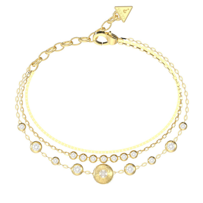 Γυναικείο βραχιόλι Guess Sparks JUBB06279JWYGL από ανοξείδωτο ατσάλι σε χρυσό χρώμα με τριπλή αλυσίδα και ζιργκόν.