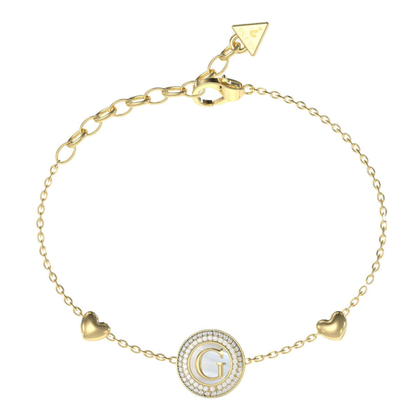 Γυναικείο βραχιόλι Guess Talisman JUBB06202JWYGL από ανοξείδωτο ατσάλι σε χρυσό χρώμα με καρδιές και zircon.