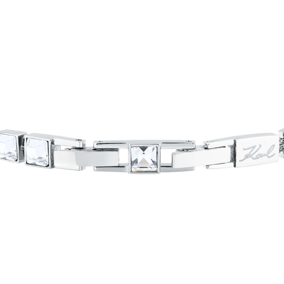 Κούμπωμα από το γυναικείο βραχιόλι Karl Lagerfeld Crystals KLAYC24 με ρυθμιζόμενο μήκος από 16 έως 18 cm.