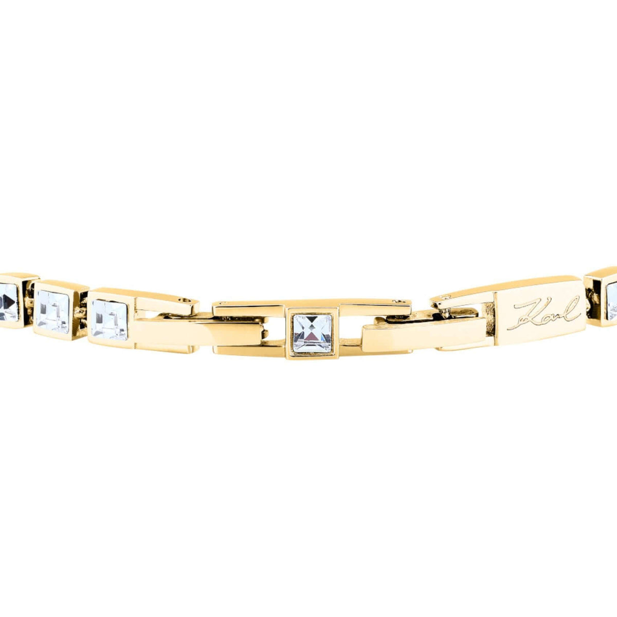 Κούμπωμα από το γυναικείο βραχιόλι Karl Lagerfeld Crystals KLAYC25 με ρυθμιζόμενο μήκος από 16 έως 18 cm.