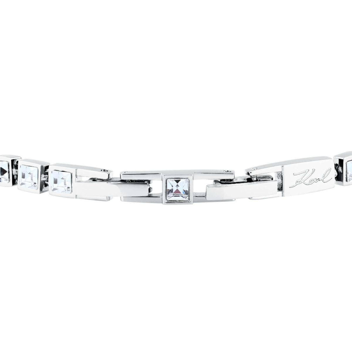 Κούμπωμα από το γυναικείο βραχιόλι Karl Lagerfeld Crystals KLAYC28 με ρυθμιζόμενο μήκος από 16 έως 18 cm.