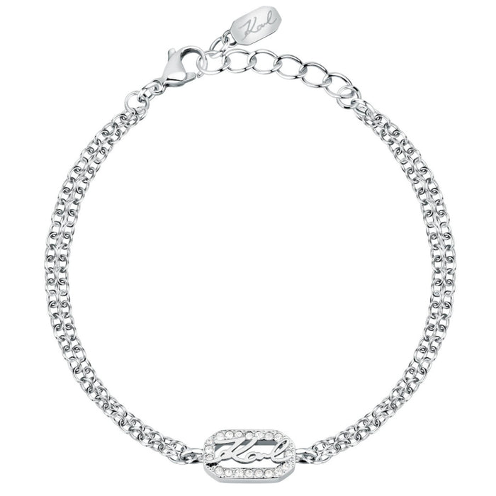 Γυναικείο βραχιόλι Karl Lagerfeld Crystals KLAYC33 από ανοξείδωτο ατσάλι σε ασημί χρώμα με λευκές πέτρες και λογότυπο.