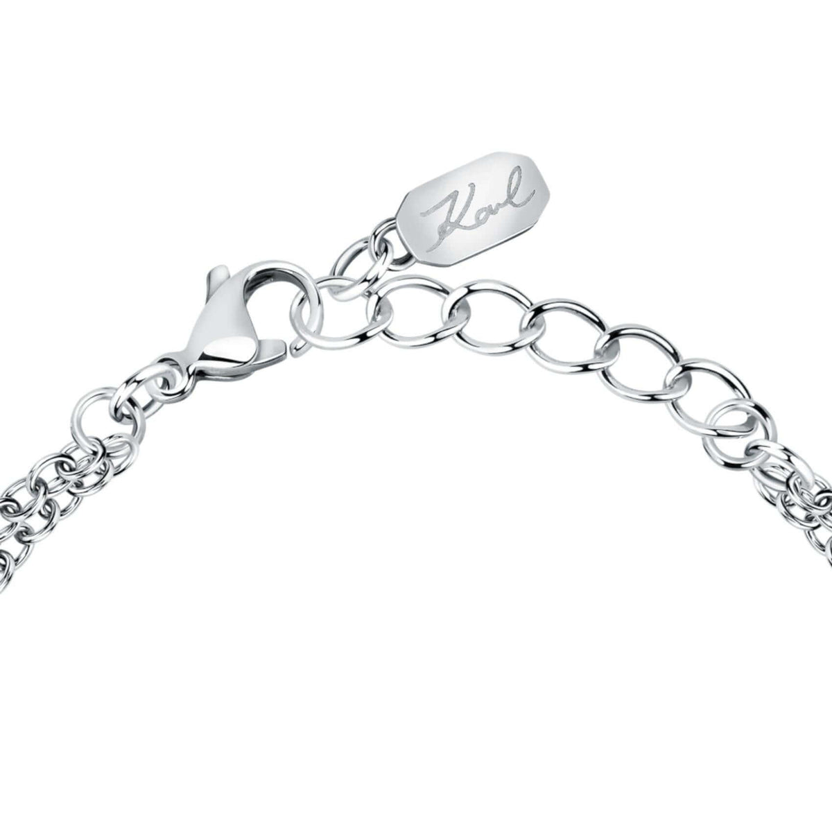 Κούμπωμα από το γυναικείο βραχιόλι Karl Lagerfeld Crystals KLAYC33 με ρυθμιζόμενο μήκος από 16 έως 19 cm.