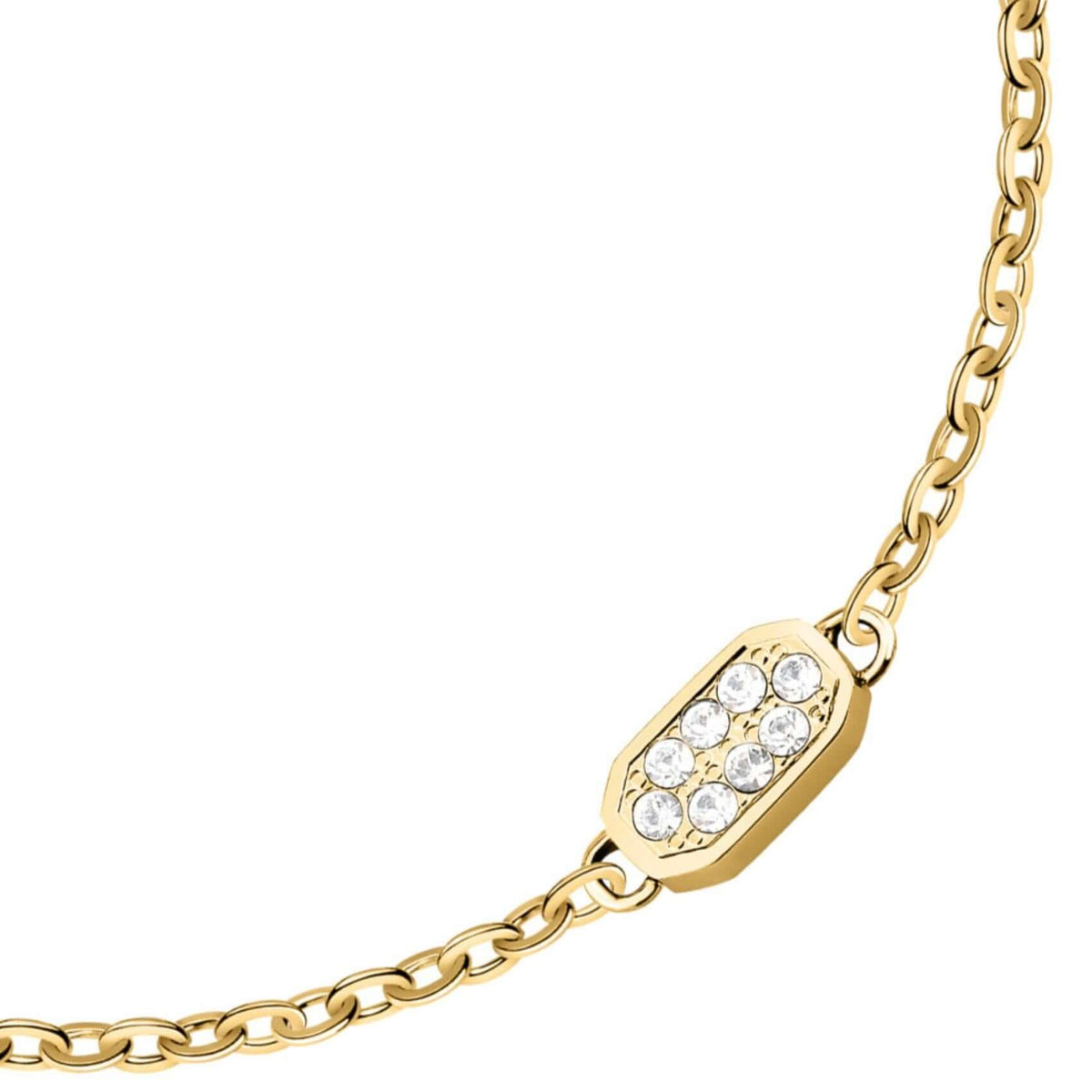 Λεπτομέρεια από το γυναικείο βραχιόλι Karl Lagerfeld Crystals KLAYC60 με λευκές πέτρες.
