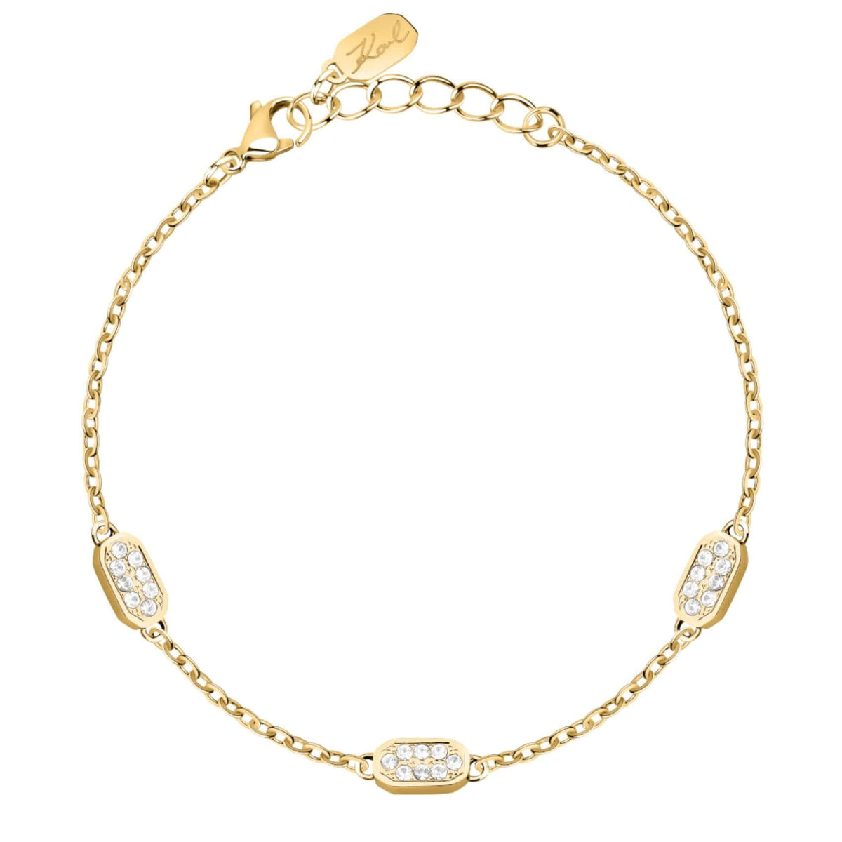 Γυναικείο βραχιόλι Karl Lagerfeld Crystals KLAYC60 από ανοξείδωτο ατσάλι σε χρυσό χρώμα με λευκές πέτρες.