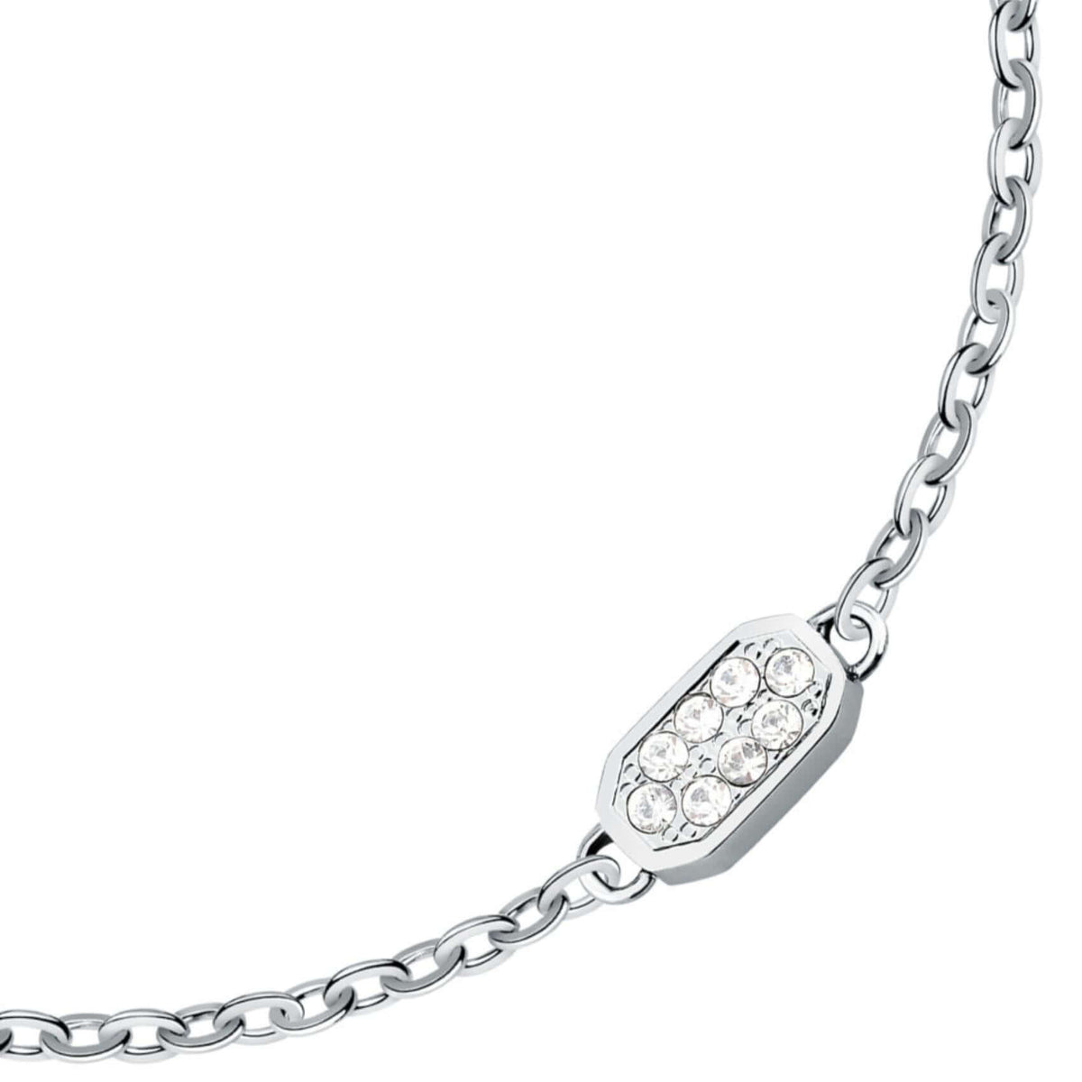 Λεπτομέρεια από το γυναικείο βραχιόλι Karl Lagerfeld Crystals KLAYC65 με λευκές πέτρες.