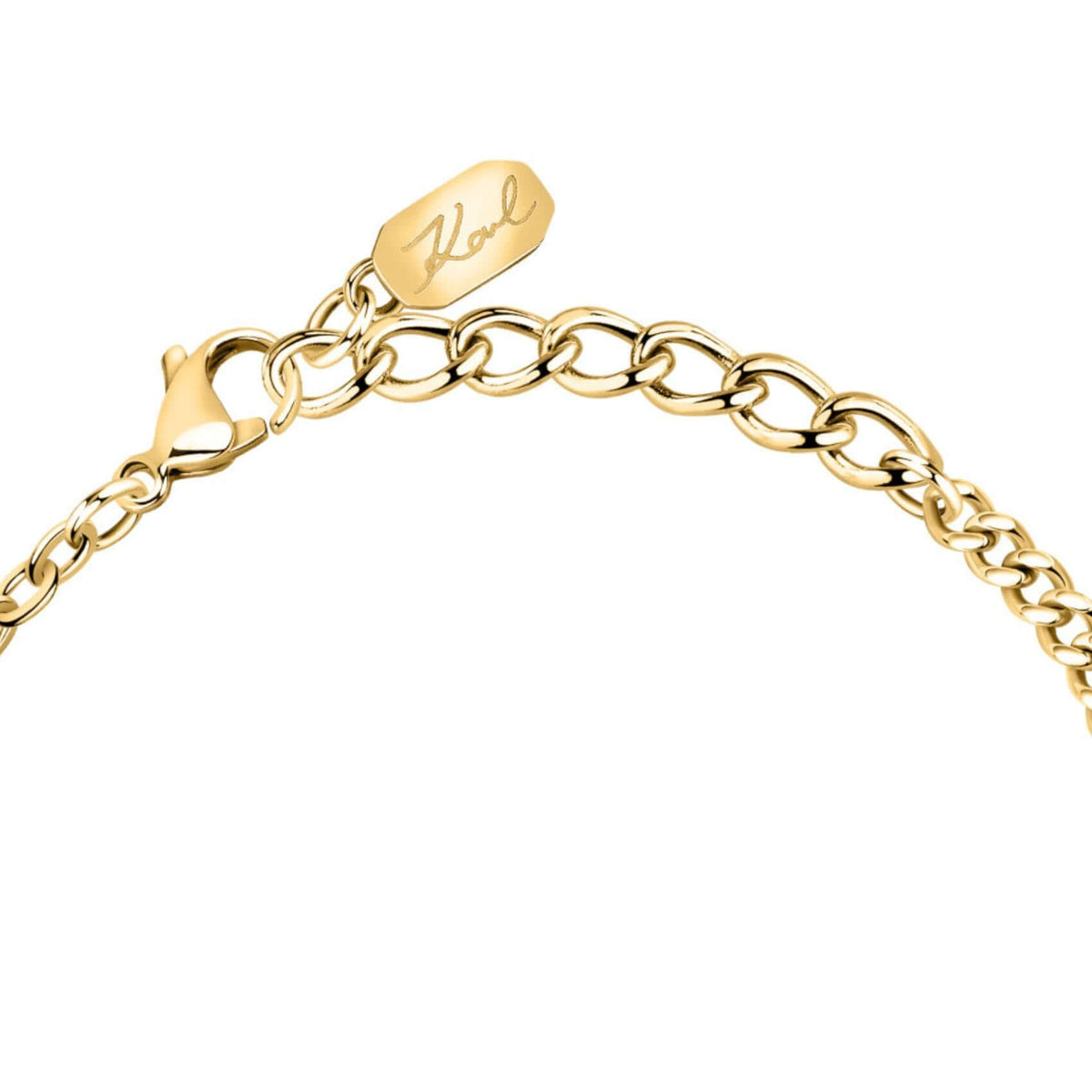 Κούμπωμα από το γυναικείο βραχιόλι Karl Lagerfeld Pearl KLAYR13 με ρυθμιζόμενο μήκος από 17 έως 20 cm.