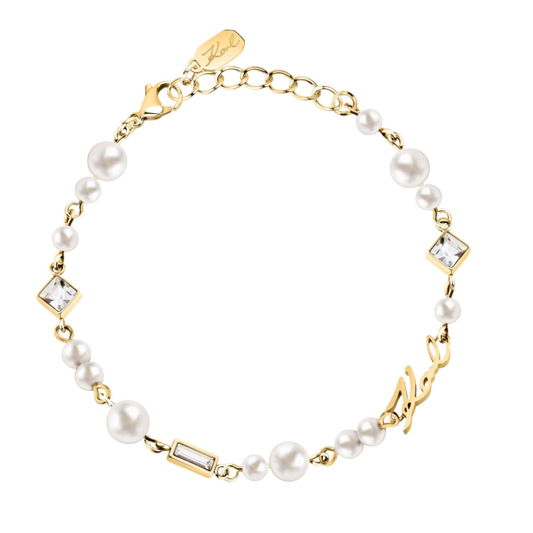Γυναικείο βραχιόλι Karl Lagerfeld Pearl KLAYR19 από ανοξείδωτο ατσάλι σε χρυσό χρώμα με πέρλες, πέτρες και λογότυπο.