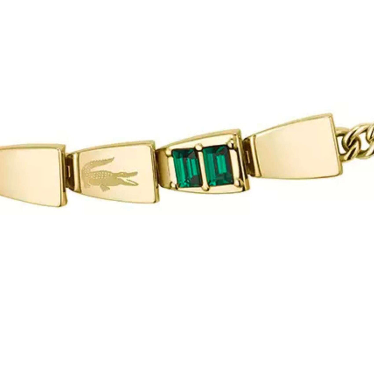 Λεπτομέρεια από το γυναικείο βραχιόλι Lacoste Crocodile 2040582 με πράσινο ζιργκόν και χρυσή λεπτή αλυσίδα.