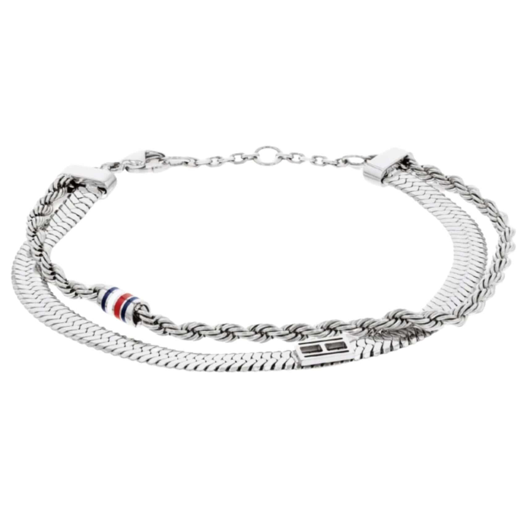 Γυναικείο βραχιόλι Tommy Hilfiger 2780981 από ανοξείδωτο ατσάλι σε ασημί χρώμα με δύο διαφορετικές αλυσίδες, ψαροκόκαλο και στριφτή.