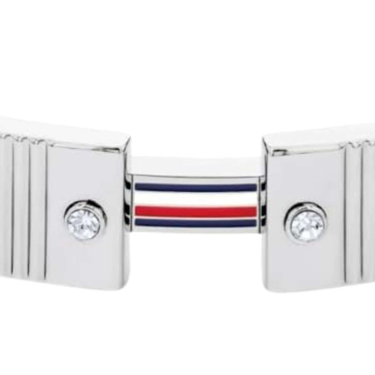 Λεπτομέρεια από το γυναικείο βραχιόλι Tommy Hilfiger Stripes 2781045 με chunky όγκο, πέτρες και τρίχρωμο στοιχείο.