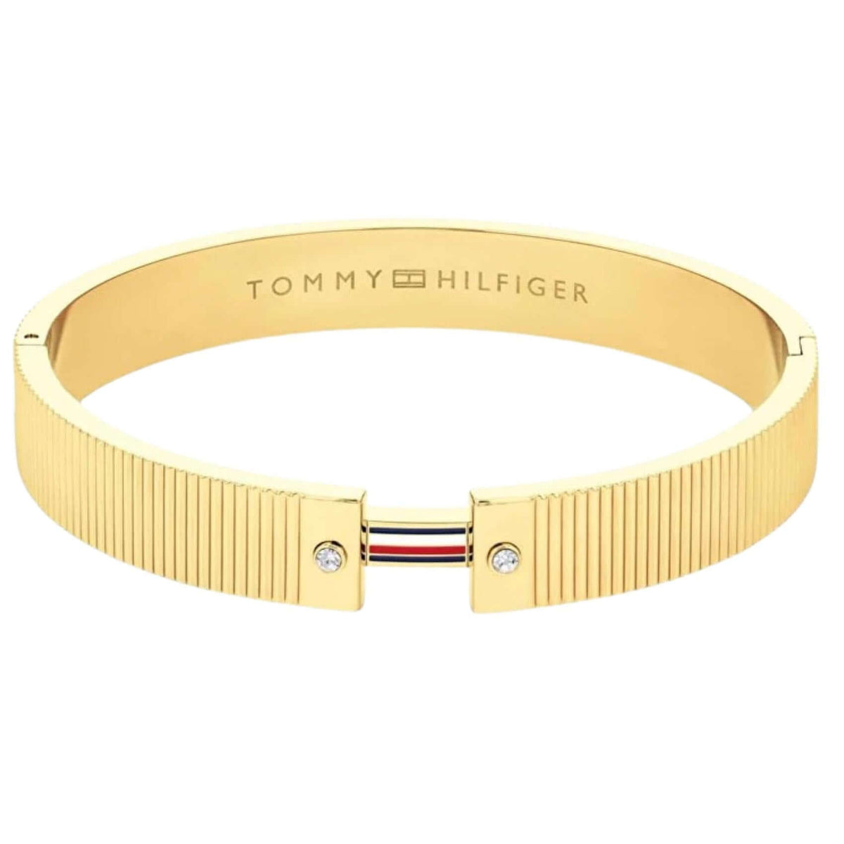 Γυναικείο βραχιόλι Tommy Hilfiger Stripes 2781046 από ανοξείδωτο ατσάλι σε χρυσό χρώμα με πέτρες και τρίχρωμο στοιχείο με έντονο chunky όγκο.