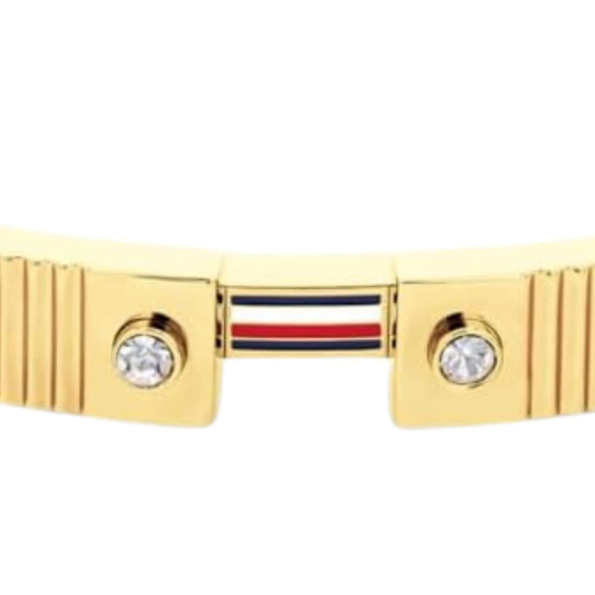 Λεπτομέρεια από το γυναικείο βραχιόλι Tommy Hilfiger Stripes 2781048 με πέτρες και τρίχρωμο στοιχείο.