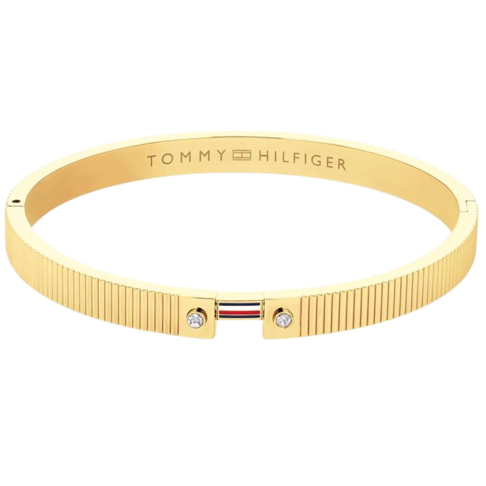 Γυναικείο βραχιόλι Tommy Hilfiger Stripes 2781048 από ανοξείδωτο ατσάλι σε χρυσό χρώμα με πέτρες και τρίχρωμο στοιχείο.