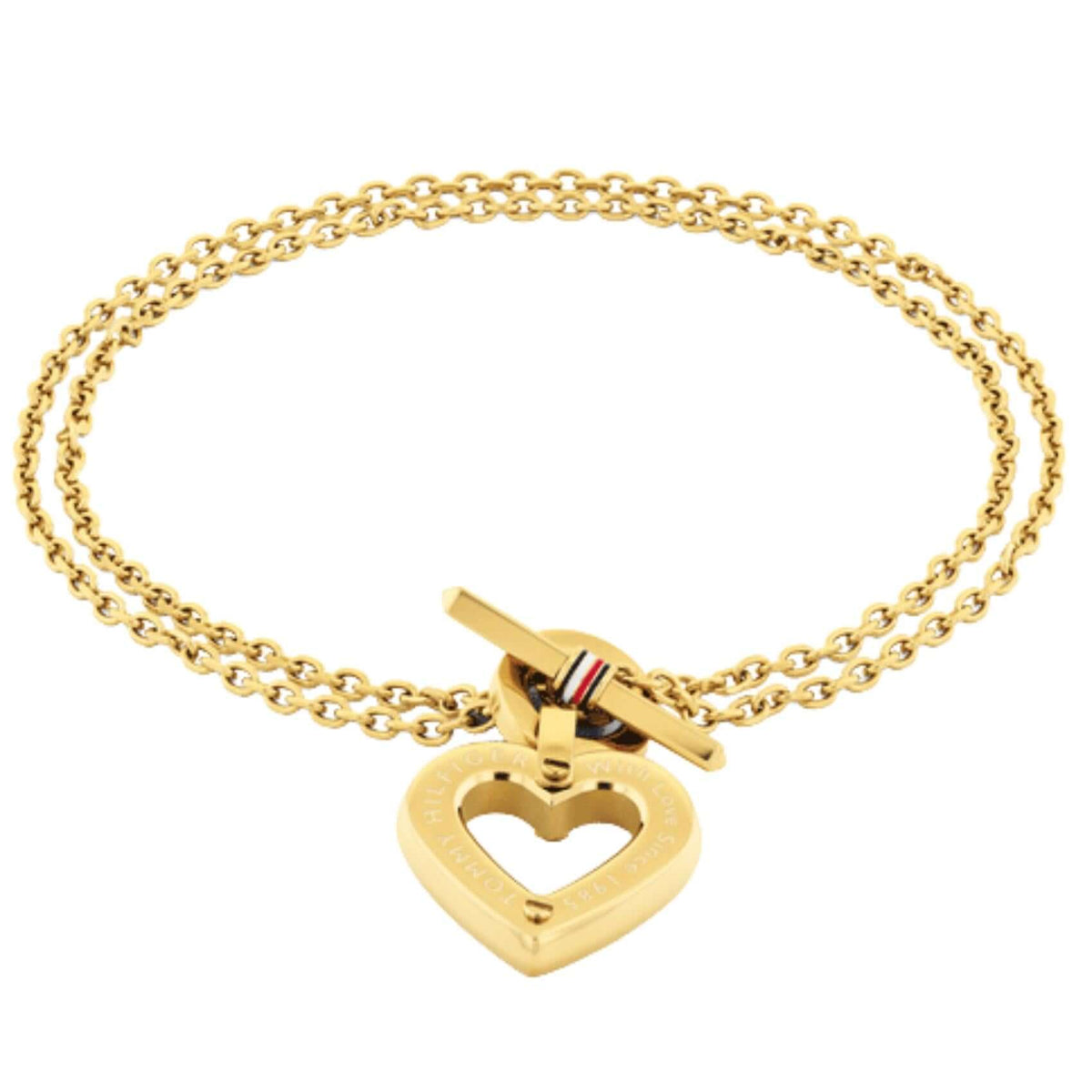 Γυναικείο βραχιόλι Tommy Hilfiger Toggle Hearts 2780970 από ανοξείδωτο ατσάλι σε χρυσό χρώμα με καρδιά και διπλή αλυσίδα.