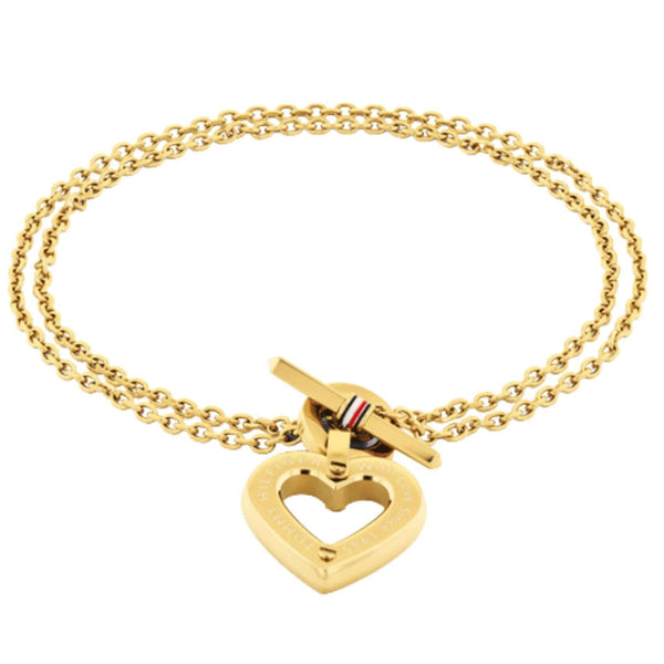 Γυναικείο βραχιόλι Tommy Hilfiger Toggle Hearts 2780970 από ανοξείδωτο ατσάλι σε χρυσό χρώμα με καρδιά και διπλή αλυσίδα.