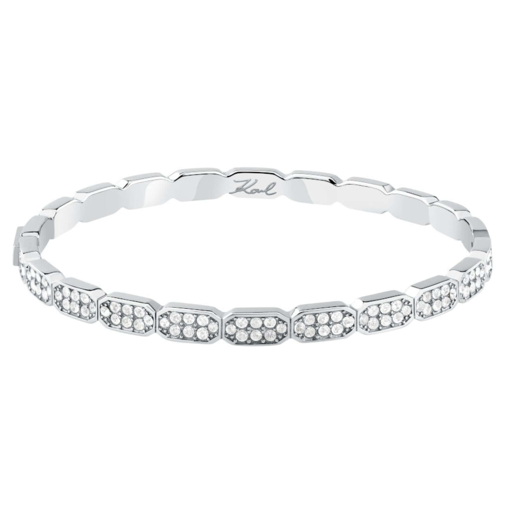 Γυναικείο βραχιόλι χειροπέδα Karl Lagerfeld Crystals KLAYC64 από ανοξείδωτο ατσάλι σε ασημί χρώμα με λευκές πέτρες.