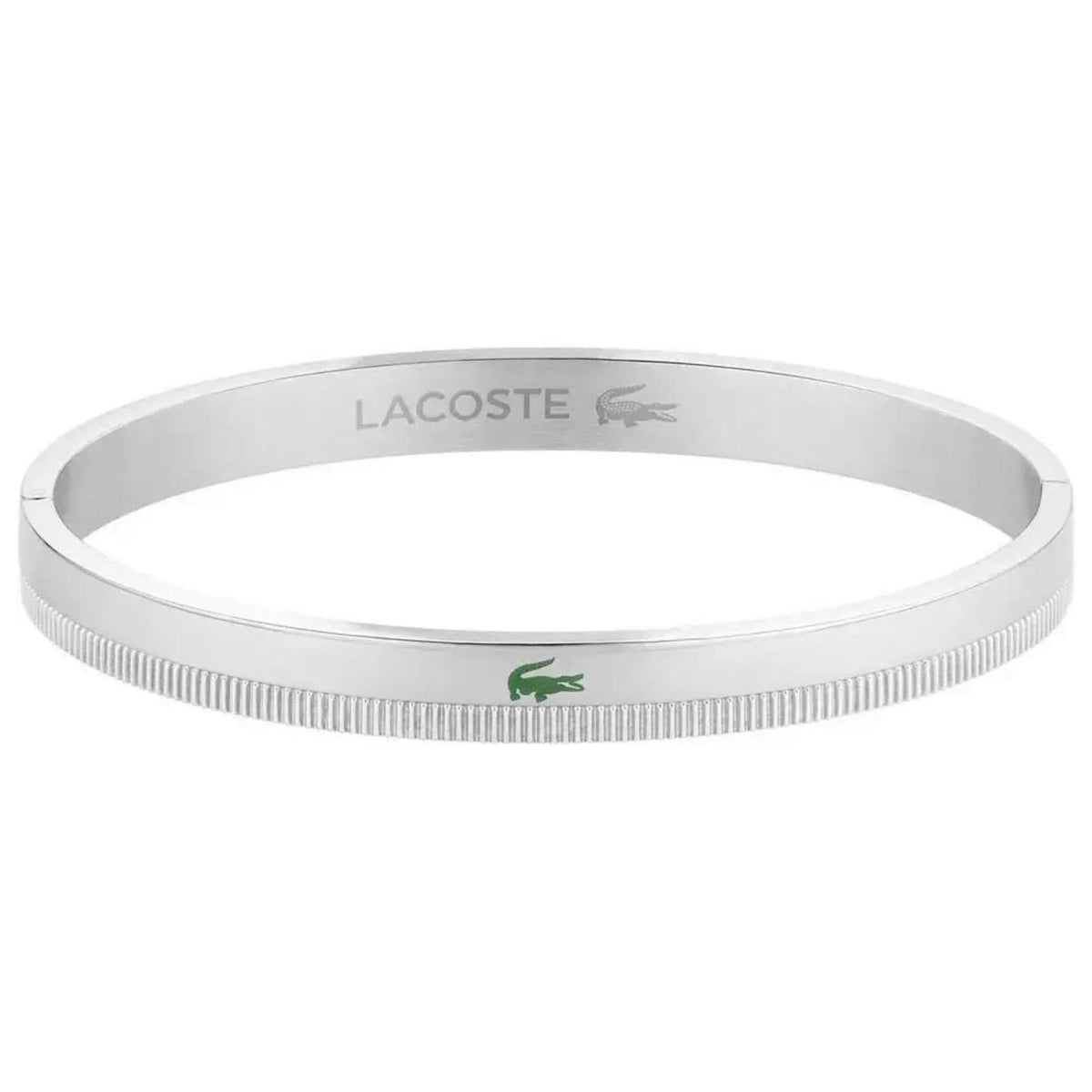 Γυναικείο βραχιόλι χειροπέδα Lacoste Crocodile 2040617 σε ασημί χρώμα από ανοξείδωτο ατσάλι με πράσινο λογότυπο, μήκος 19cm