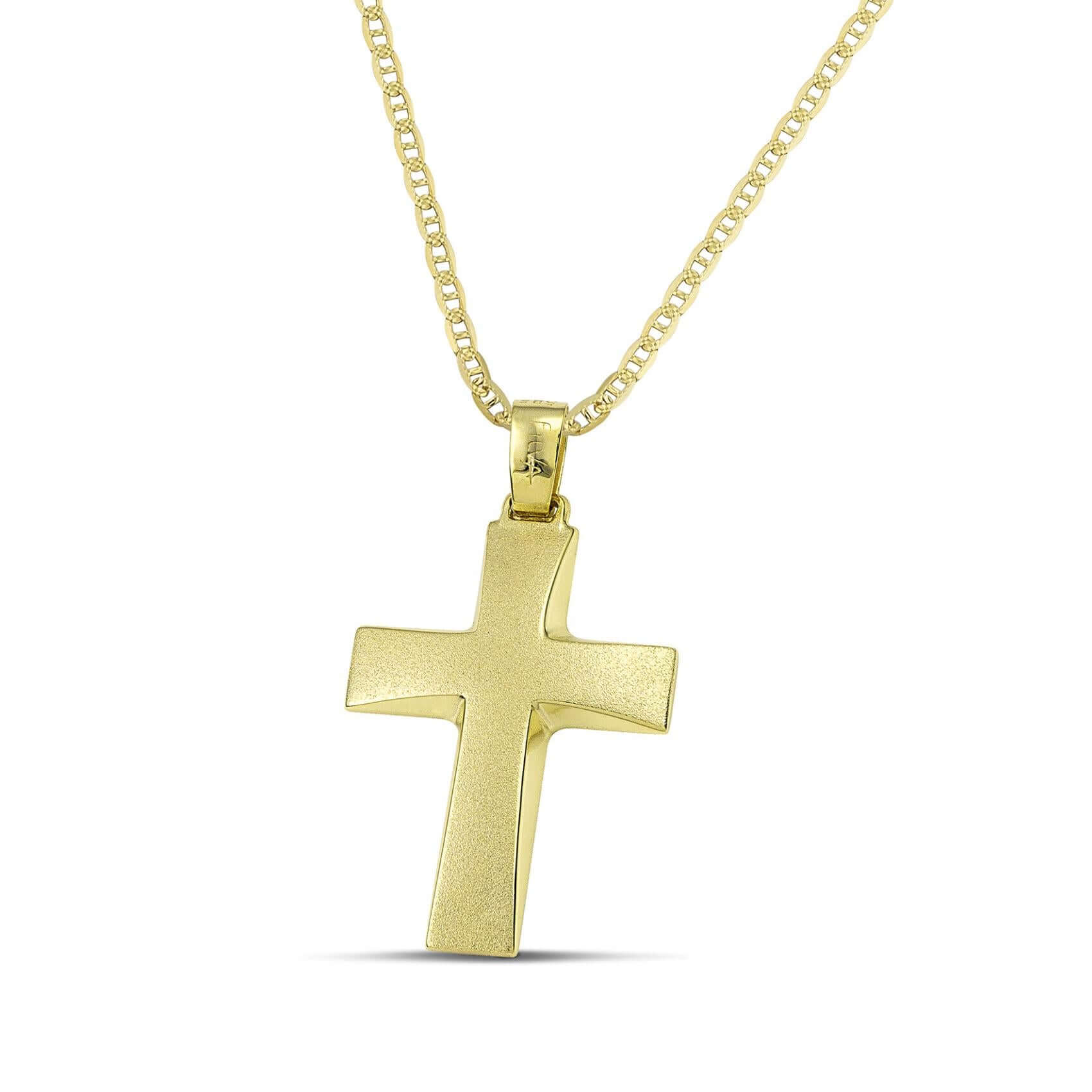 Γυναικείος βαπτιστικός σταυρός MCS075 από χρυσό 14Κ με σαγρέ επιφάνεια και καμπύλες γραμμές, με αλυσίδα 6 Θήτα 45 cm με κρίκους σε σχήμα θήτα.