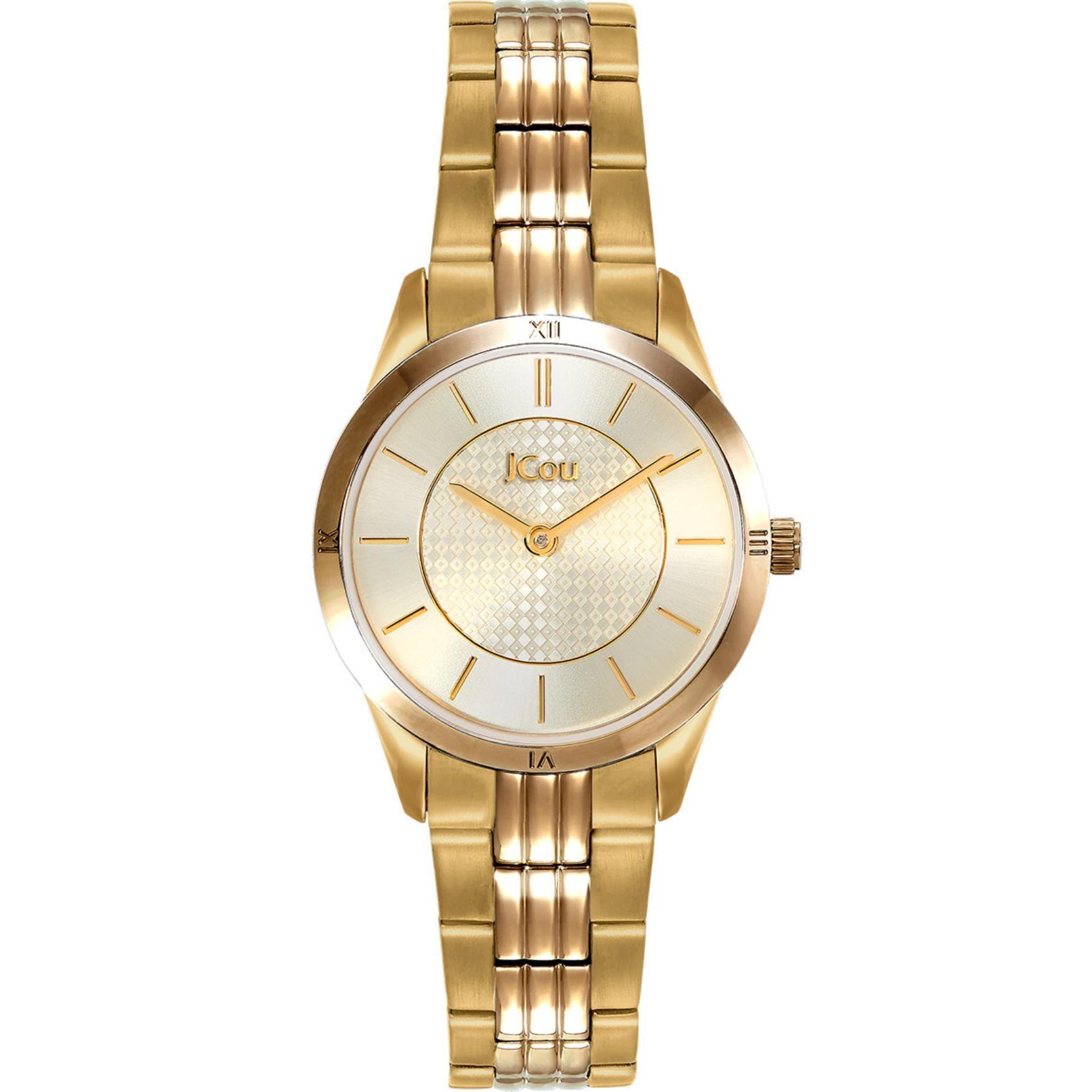 Γυναικείο ρολόι JCOU Adelle JU19039-4 με χρυσό ατσάλινο μπρασελέ χρυσό καντράν, μηχανισμό μπαταρίας quartz και στρογγυλό στεφάνι διαμέτρου 28mm αδιάβροχο σις 10ATM-100M.